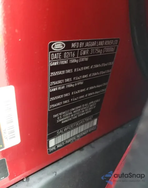 2016 Land Rover Range Rover Sport Sc z USA, uszkodzony, nr VIN SALWR2EF9GA579642